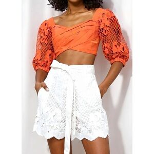 SELF-PORTRAIT Lattice Embroidered Crossover Top, Orange, 0 (US)